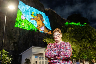 Howard Smith Wharves Art Projection: 'Teresa the Tasmanian Tiger' by Ella Doyle, as part of the Outdoor Gallery exhibition 'AMPLIFY ME!'
